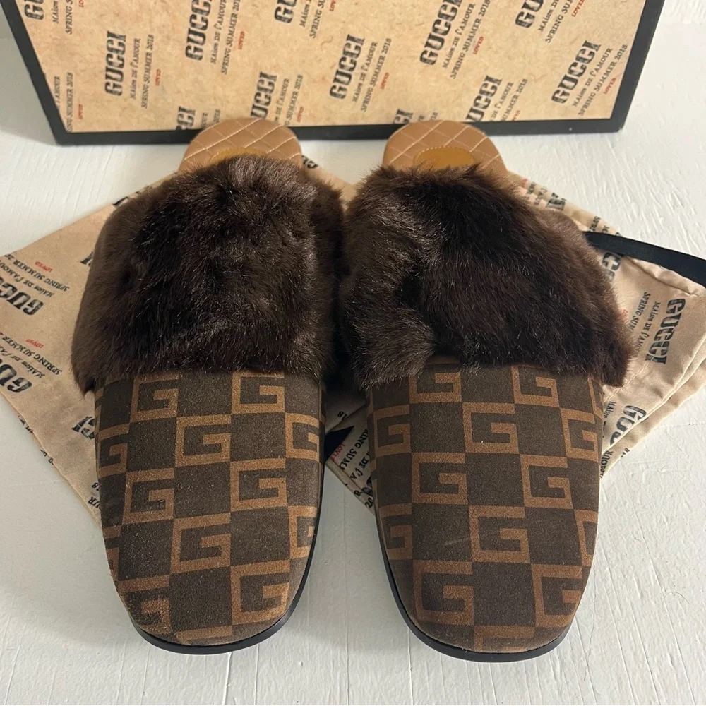 Gucci Men's Lawrence Faux Fur Suede GG Logo Slides Size 12 Chocolate Brown - Picture 4 of 13